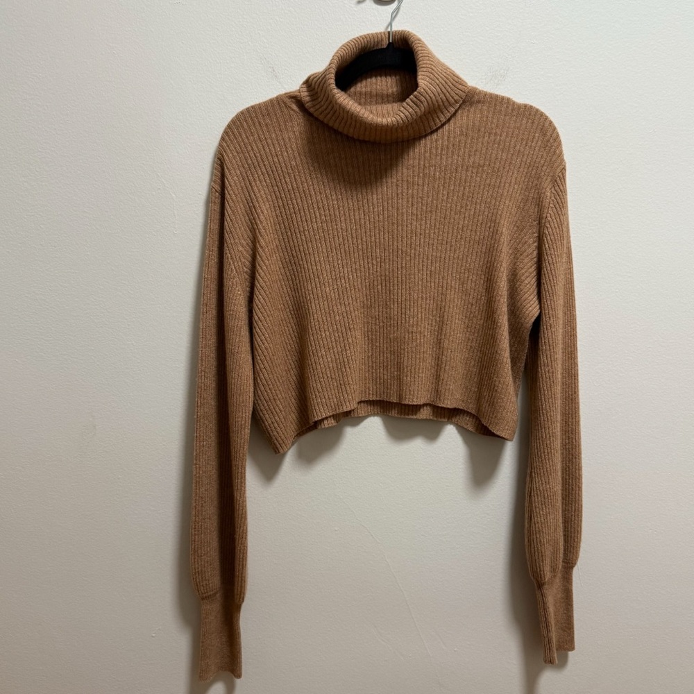 Reformation cropped cashmere sweater camel tan ribbed knit turtleneck spring XS - Picture 2 of 10